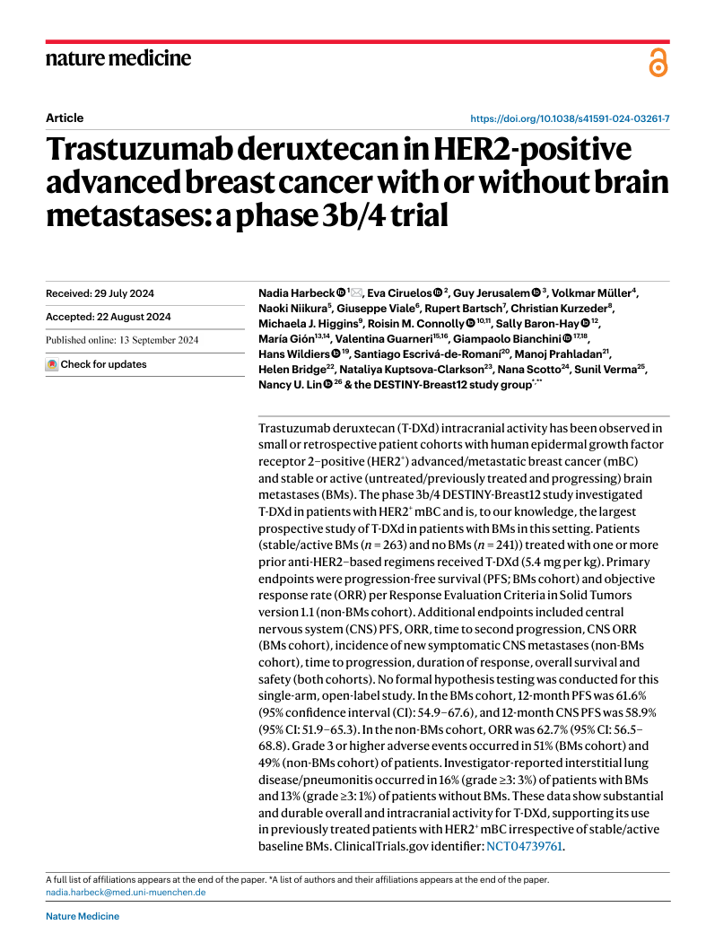 The first page of the journal article titled 'Trastuzumab deruxtecan in HER2-positive advanced breast cancer with or without brain metastases: a phase 3b/4 trial'